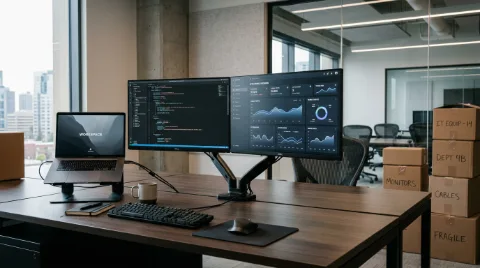 Desktop workstations and monitors packing for corporate office relocation