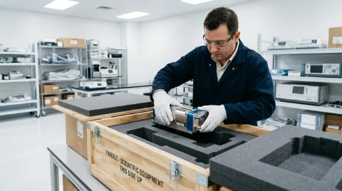 Sensitive and specialist laboratory equipment packed for international shipping