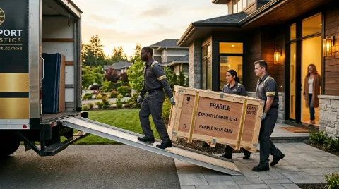iMove door-to-door international delivery — wooden crates loaded for global household relocation